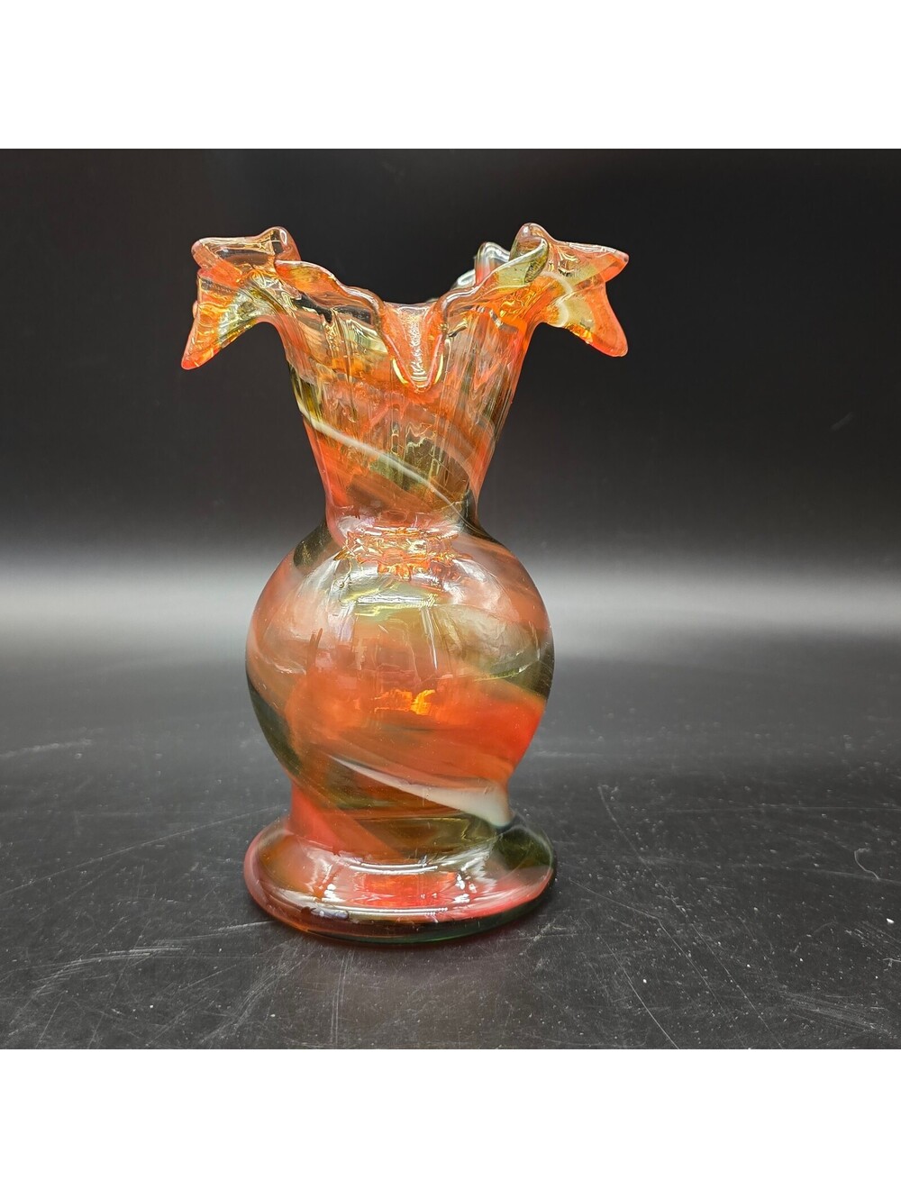 Vintage 7" Hand Blown Art Glass Ruffled Vase - Autumn Orange Swirl Spatter
